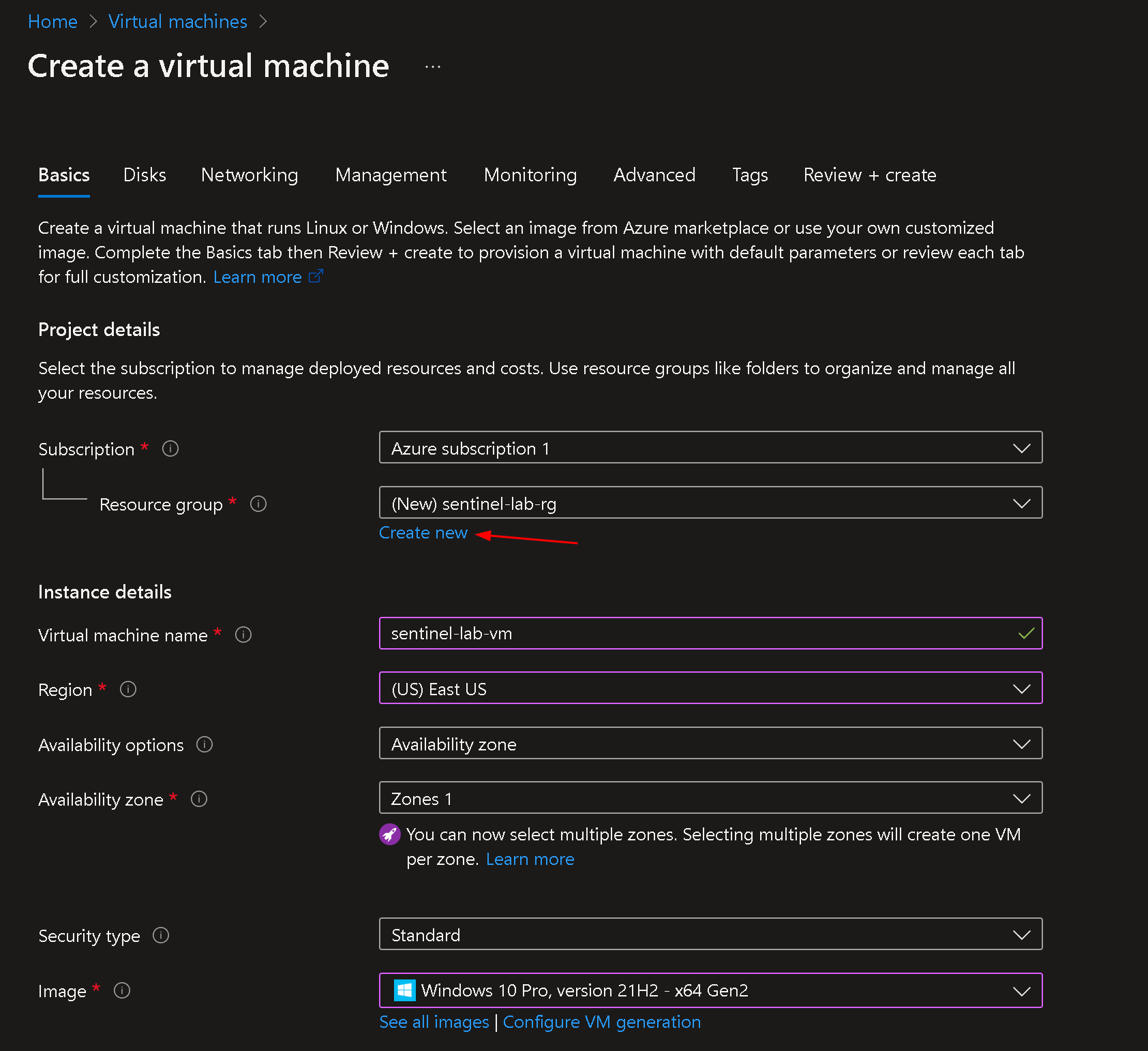 Enter details for Virtual Machine