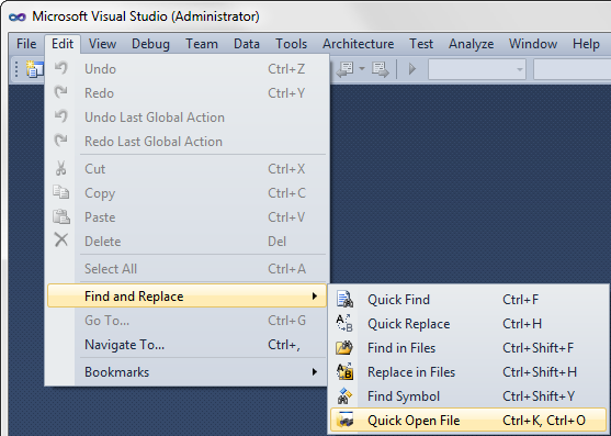 Quick Open File menu shortcut