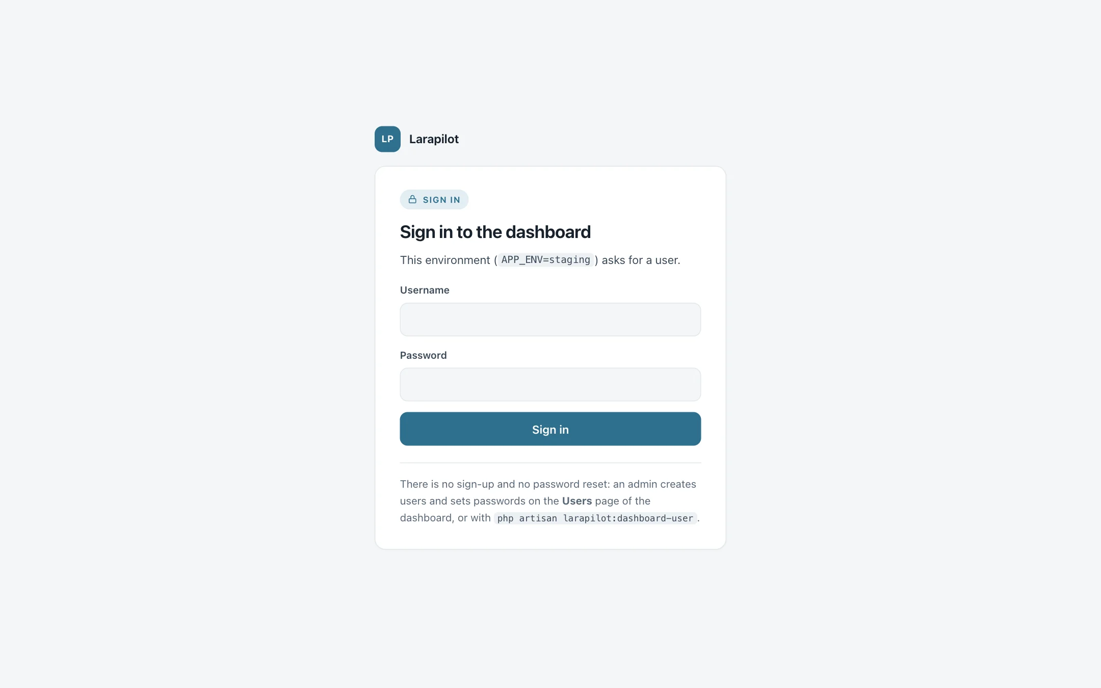 The sign-in page of the dashboard on a staging host: username and password, no sign-up