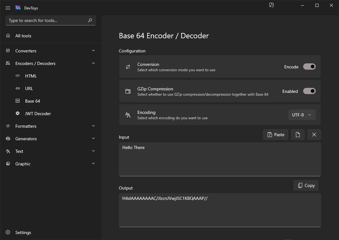 Screenshot of base64 encoder with GZip compression added