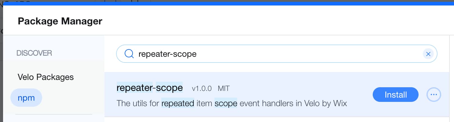 Installing repeater-scope with Velo npm Packages Manager