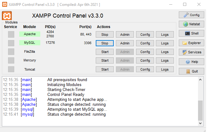 Iniciar Serviços no XAMPP