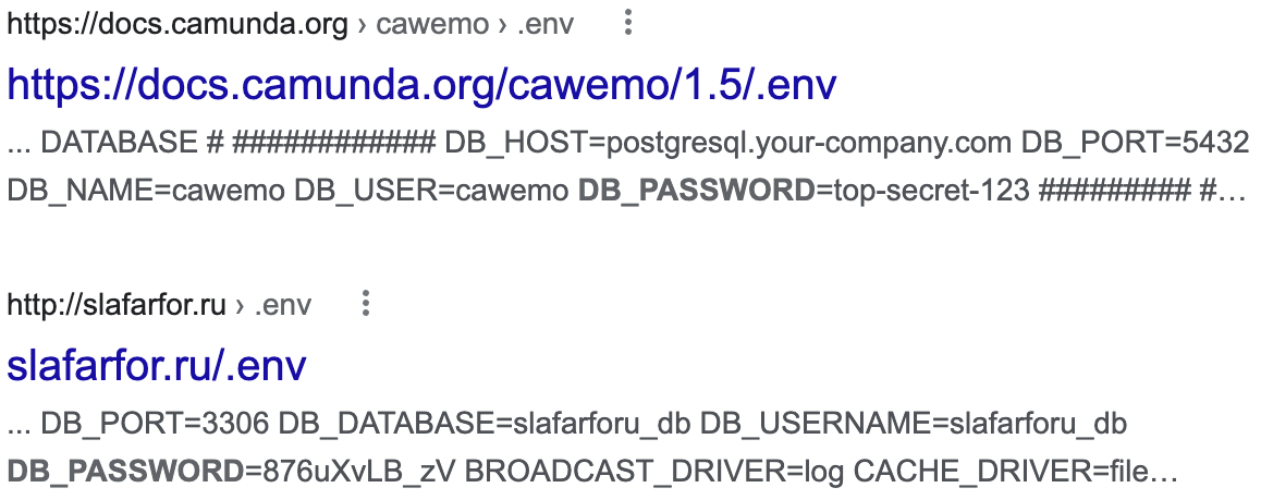 filetype:env [and a sensitive parameter] - Google Search - Google Search results on .env files containing a sensitive parameter.