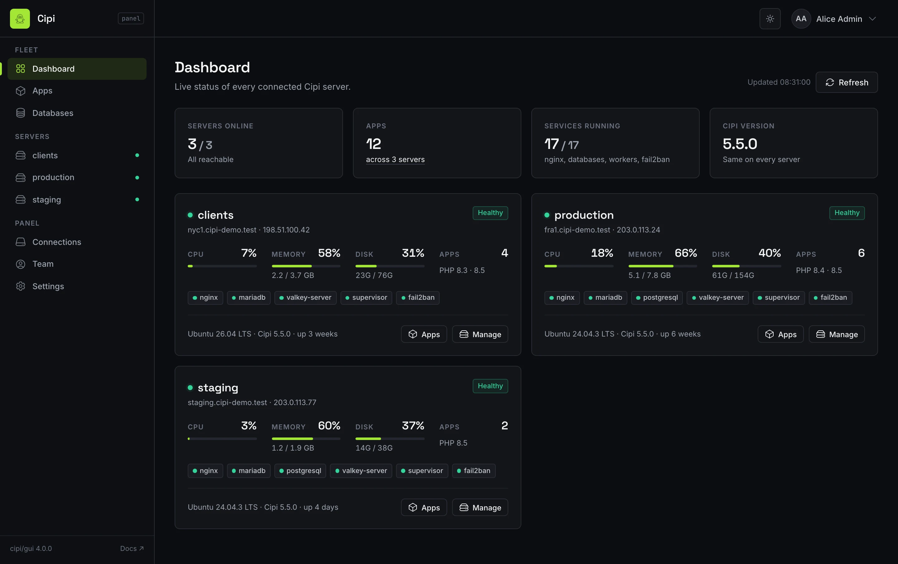Cipi control panel: dashboard with three connected servers