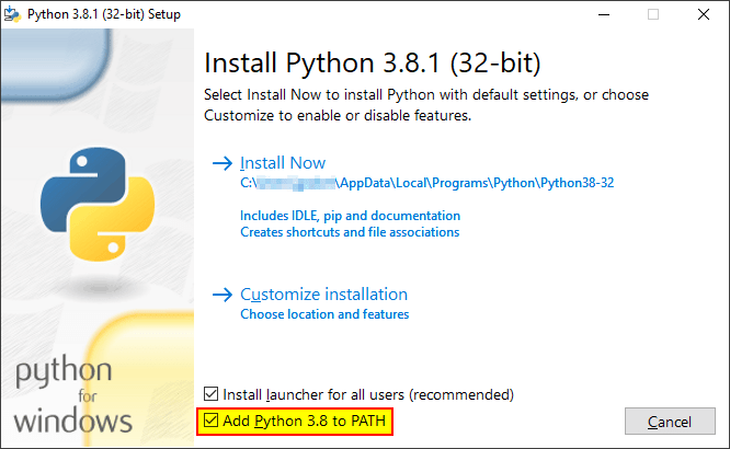 설치하실 때 Add Python 3.9 to PATH 체크박스를 꼭 체크해주세요.