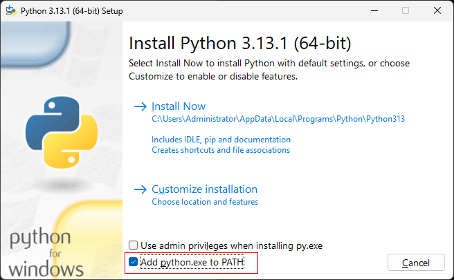 Add Python to PATH checkbox