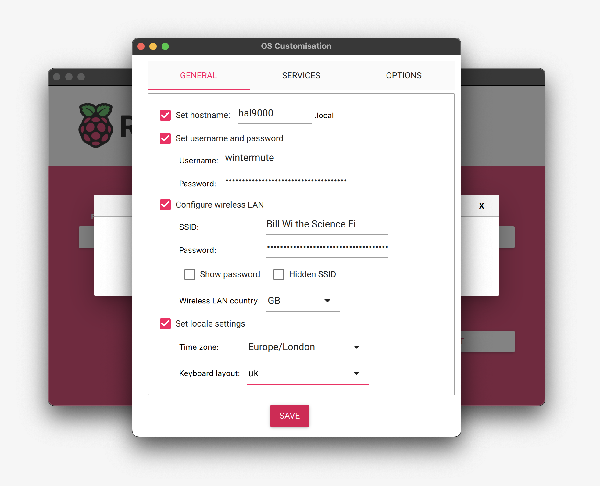 rpi-imager: General settings in the OS customisation menu.