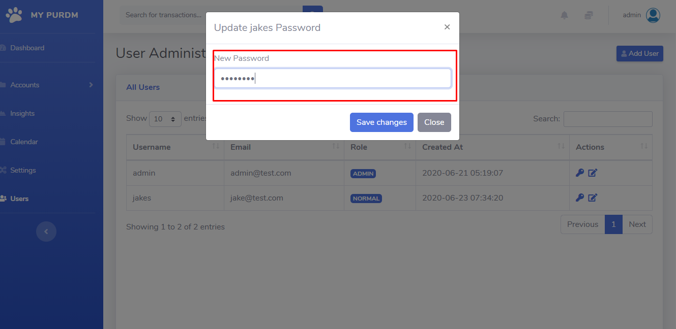 change password modal