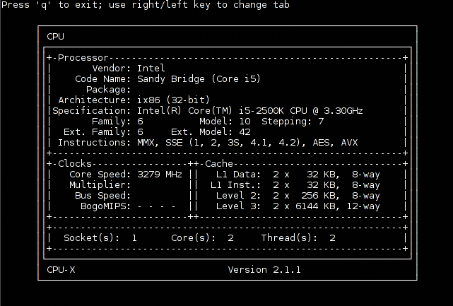 CPU-X on GhostBSD 10.1 i386 (under VirtualBox), NCurses 5.9