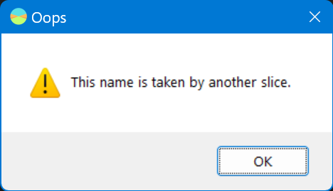 Screenshot of a warning message that says, This name is taken by another wedge.