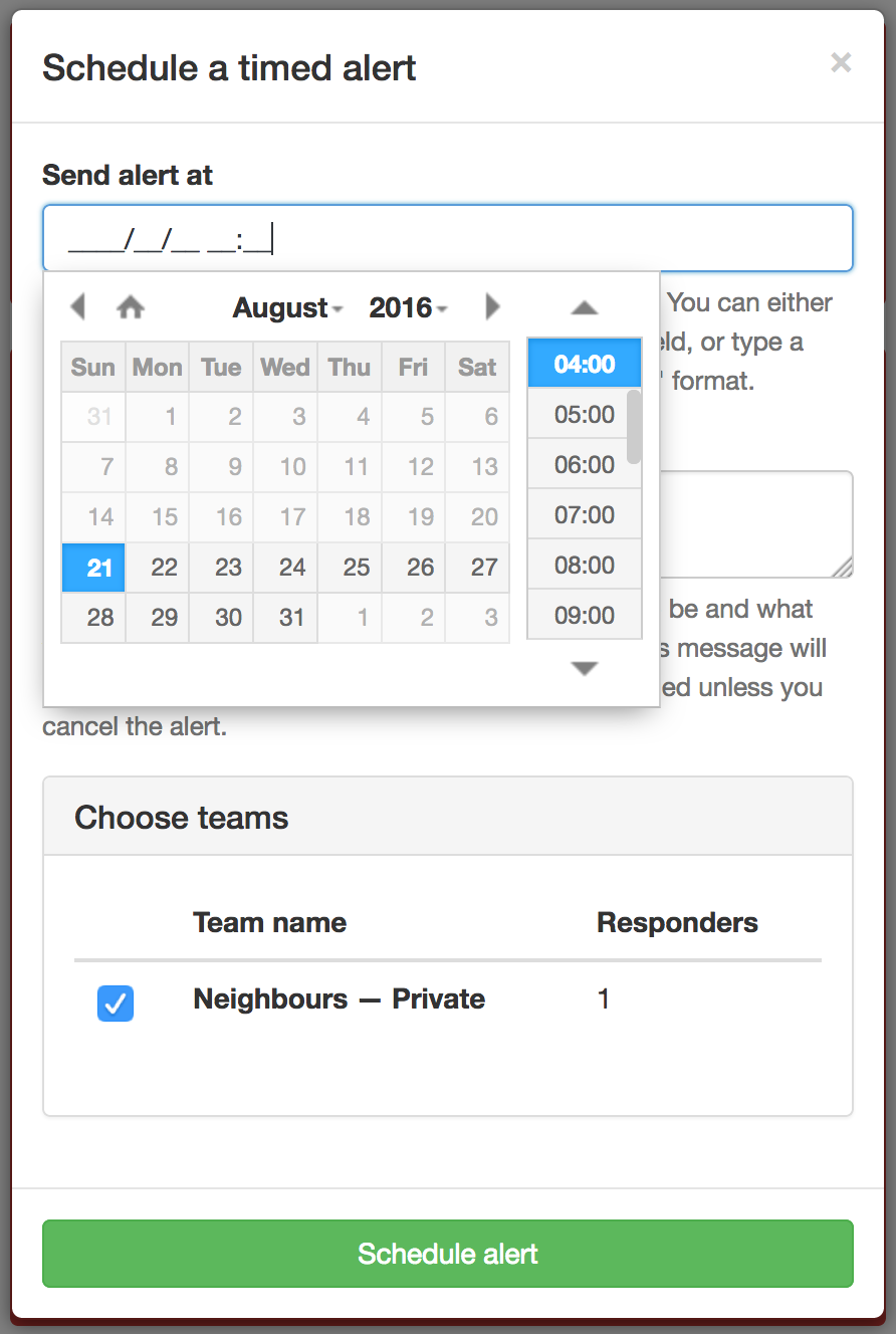Closeup screenshot of the "Schedule a timed alert" dialogue box.