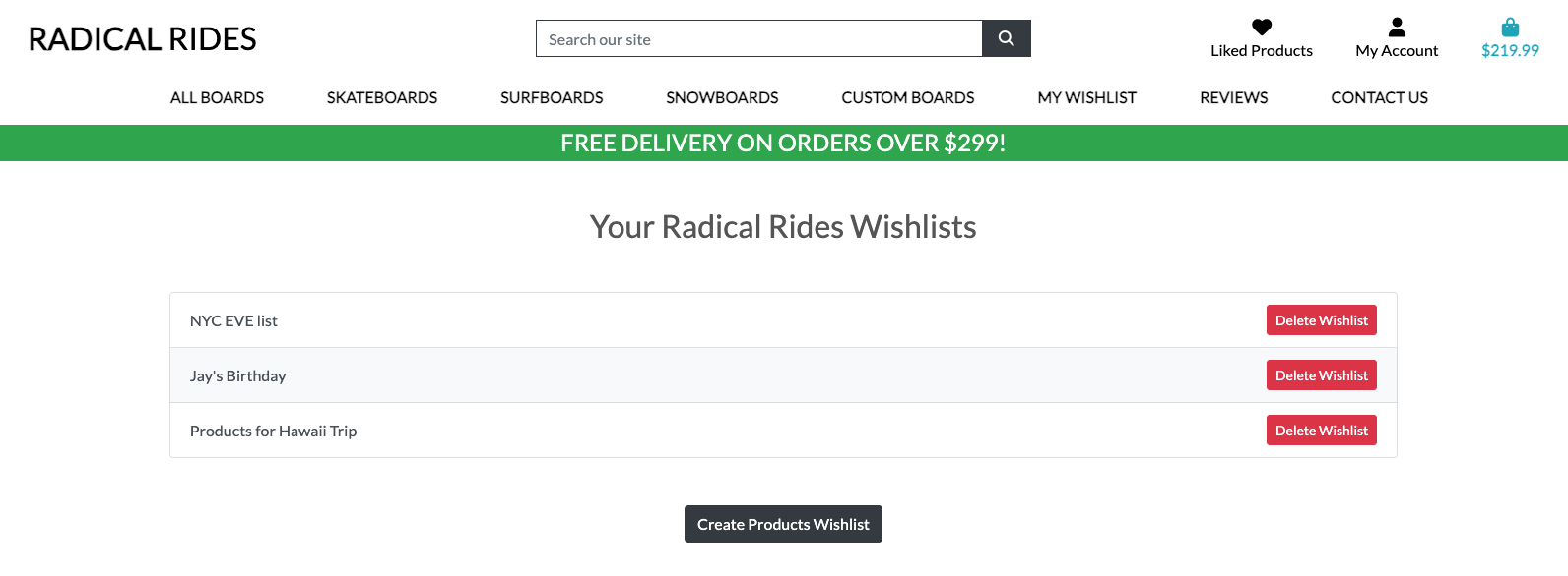 Radical Rides wishlist page