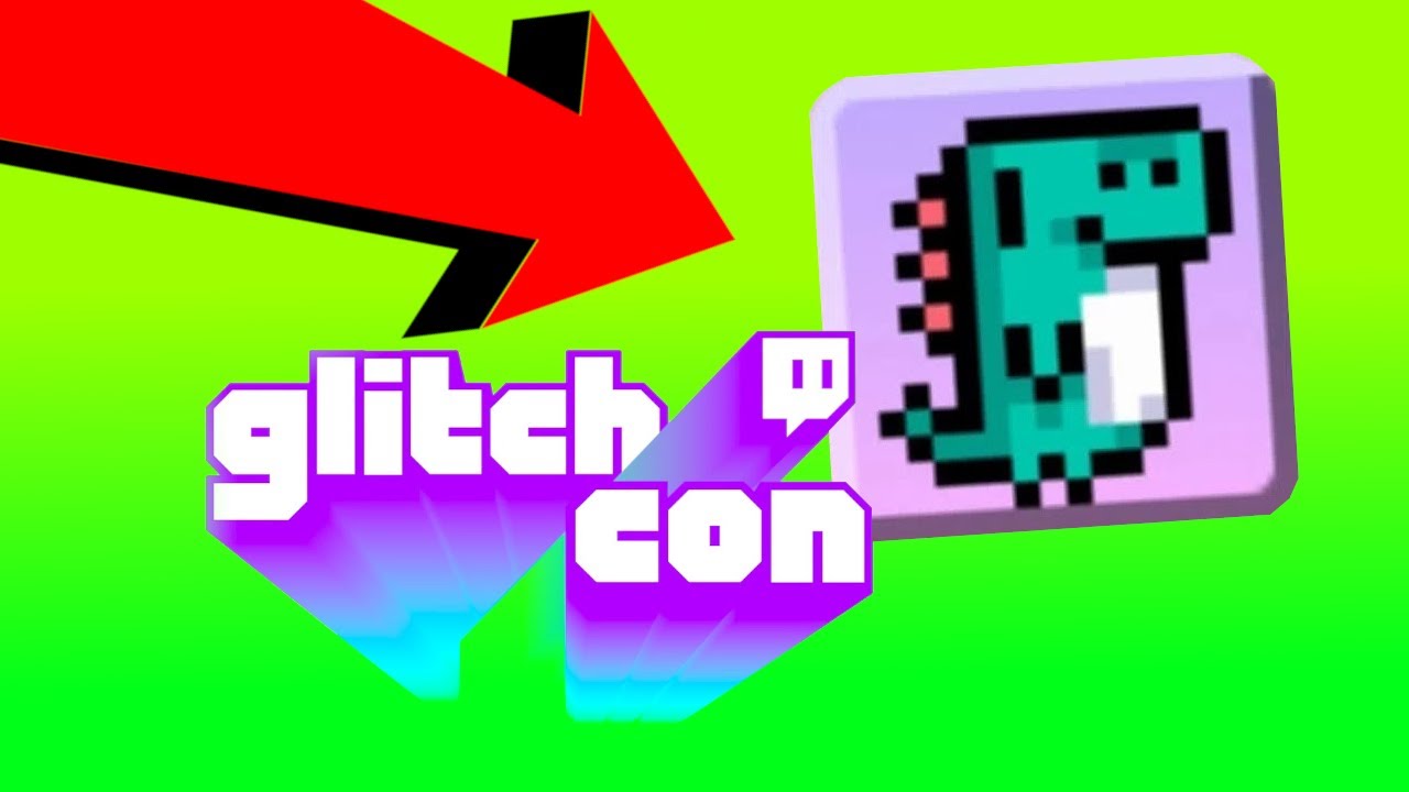 A red arrow, labelled with the GlitchCon logo, points at a badge featuring pixel art of a green dinosaur.