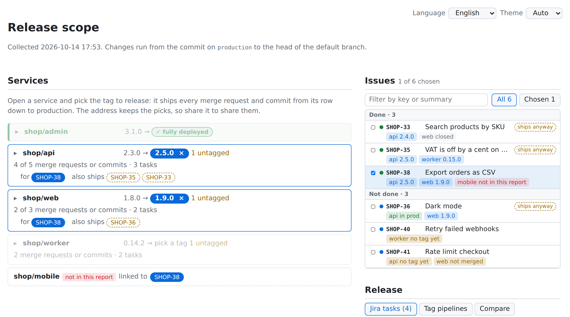 The release-scope page with one Jira issue chosen and the tags it needs picked in two services