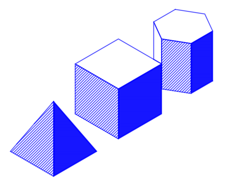 cube, pyramid and hexagonal prism