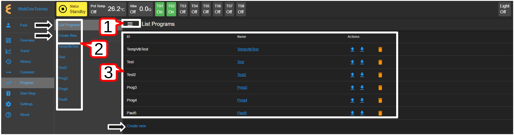 Program listing page with submenu unhidden