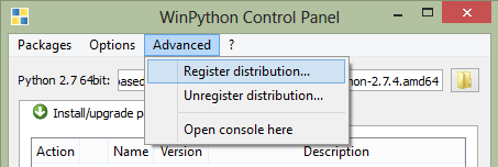 Winpython Control Panel>Advanced>Register distribution
