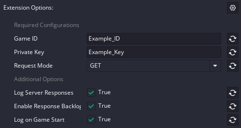 A picture containing multiple different inputs, checkboxes and dropdowns. The first two are listed under 'Required Configurations' as Game ID and Private Key.