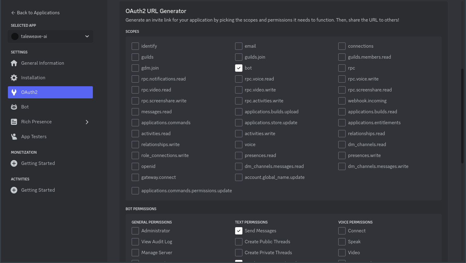 Discord OAuth2 URL Generator showing bot scope