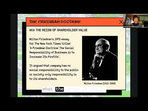 Instructor mai ishikawa sutton shares a slide about the Friedman Doctrine during their video lecture on Zoom