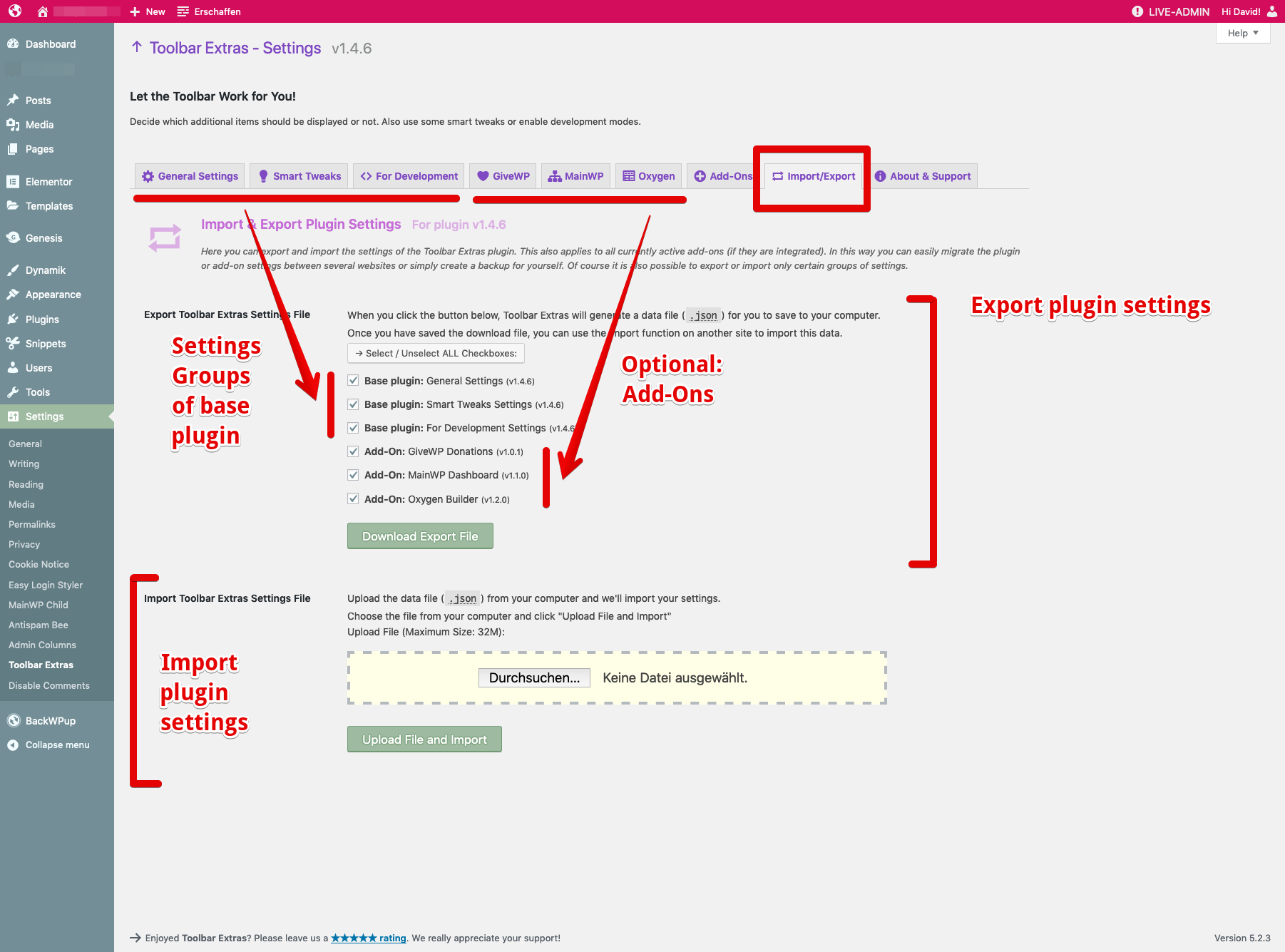 Toolbar Extras - Import/Export of plugin's settings via .json file - also for any of the official Add-Ons