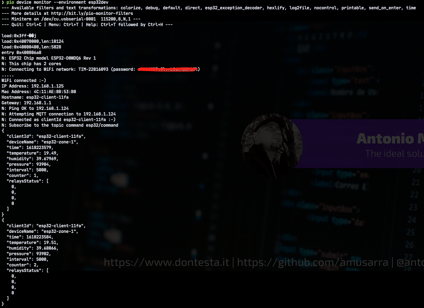 Attach of the serial monitor on one of the ESP32 devices in order to monitor the activities in progress