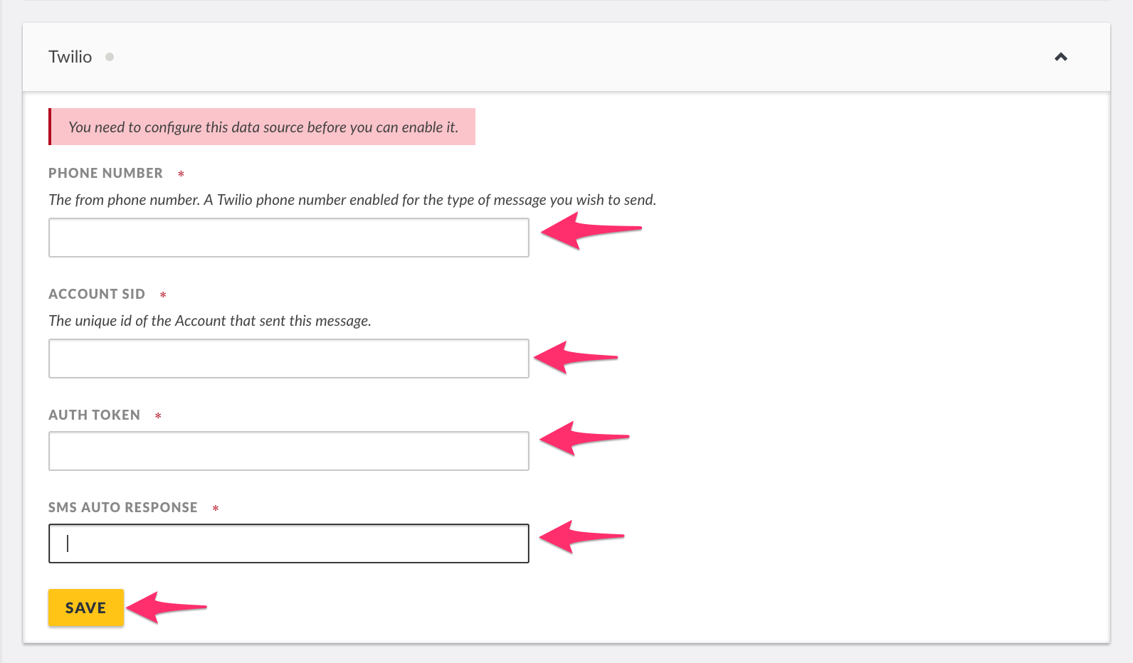 Twilio datasource configuration in Ushahidi Platform.