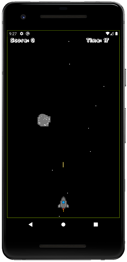 game screenshot with spaceship and asteroid