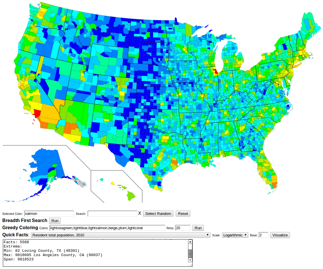 visualization of US Census States And Counties Quick Facts data