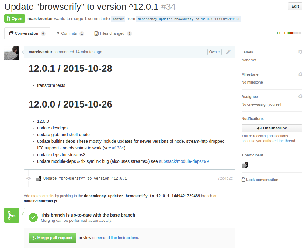 Screenshot of PR with changelog in Github