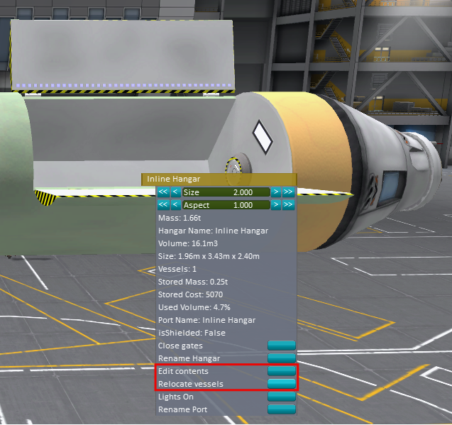 Hangar menu with "Edit contents" and "Relocate vessels" buttons