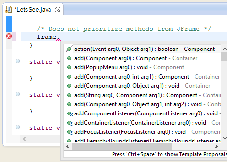 Screenshot showing Component methods listed before JFrame's