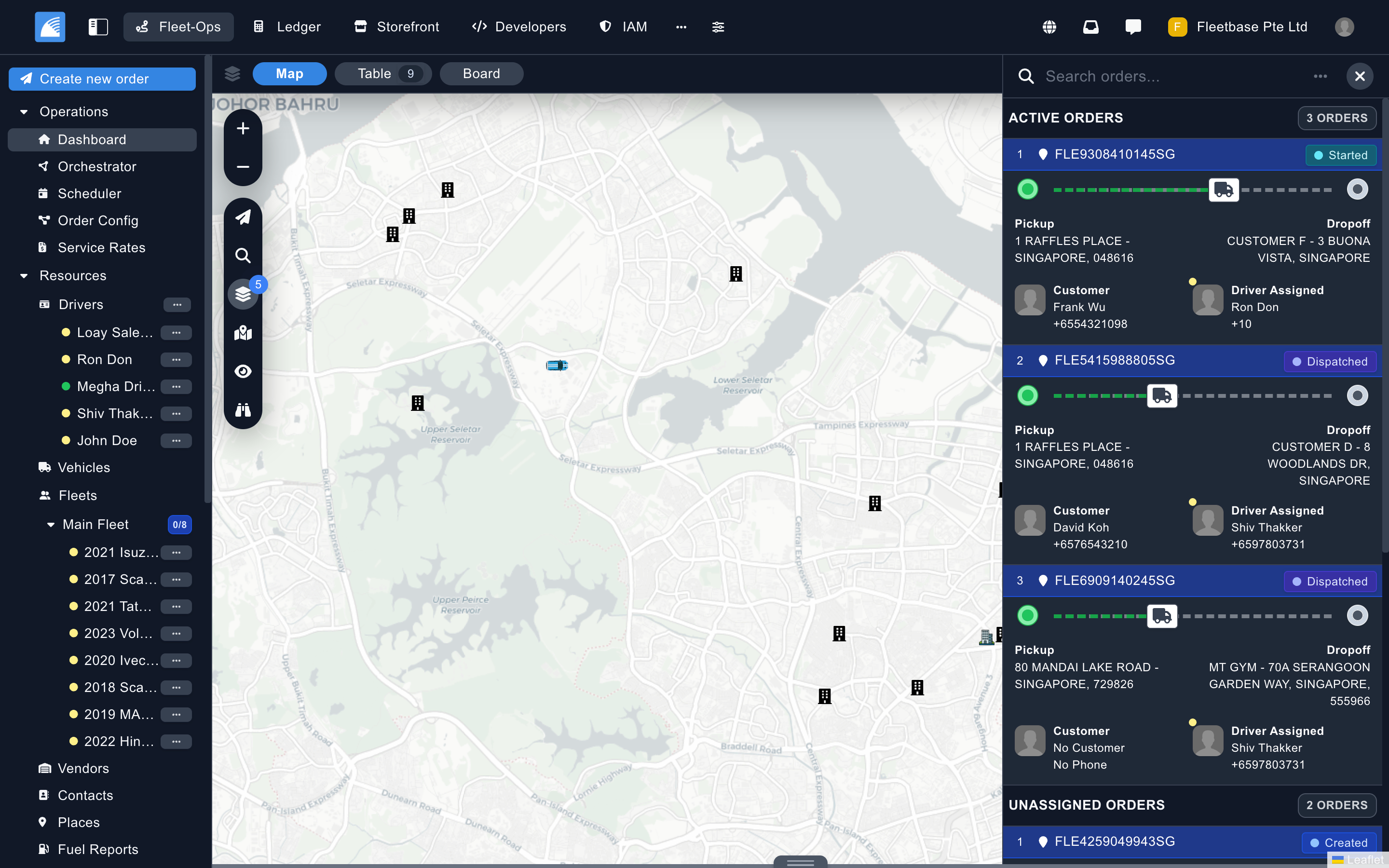 Fleet-Ops live map with active orders