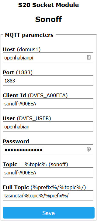 Example Sonoff-Tasmota MQTT settings