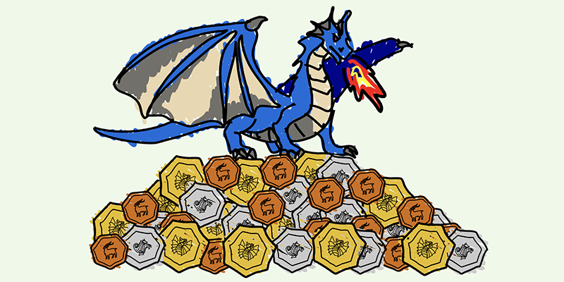 Image of a cartoon dragon spitting fire and sitting atop a pile of coins