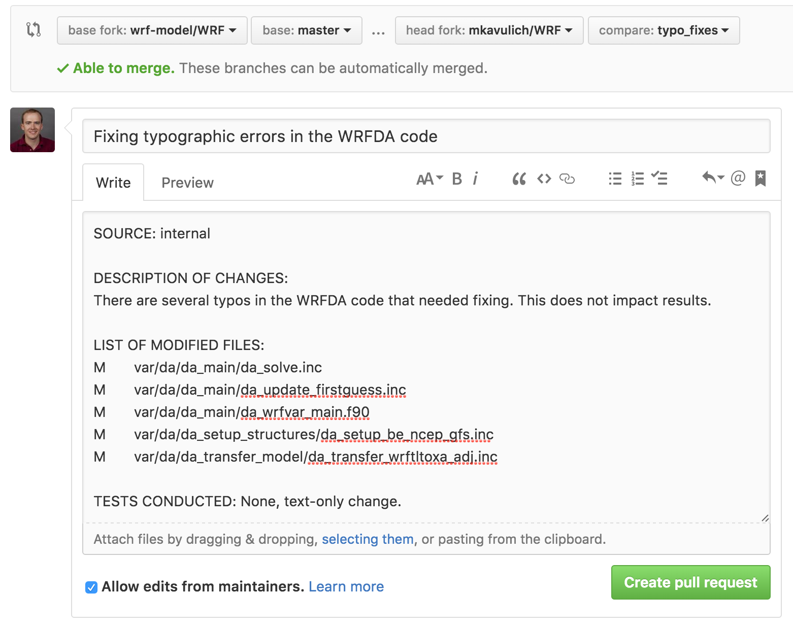 Enter a pull request message