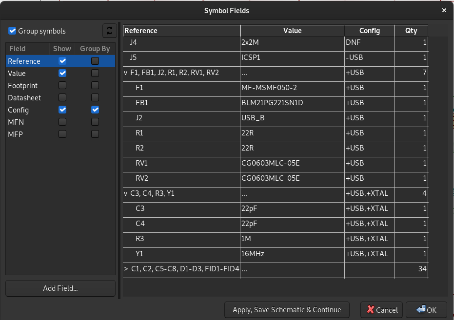 Symbol fields dialog