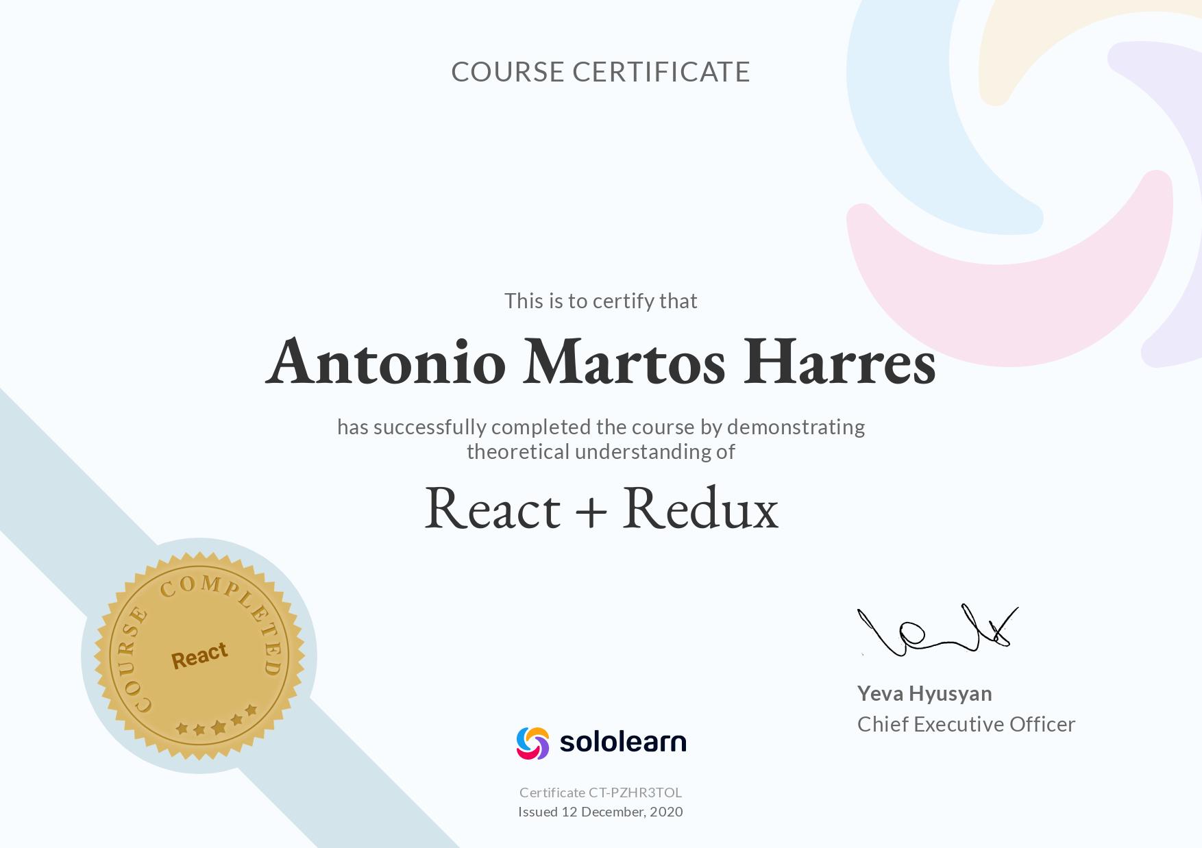 Certificate React + Redux course SoloLearn