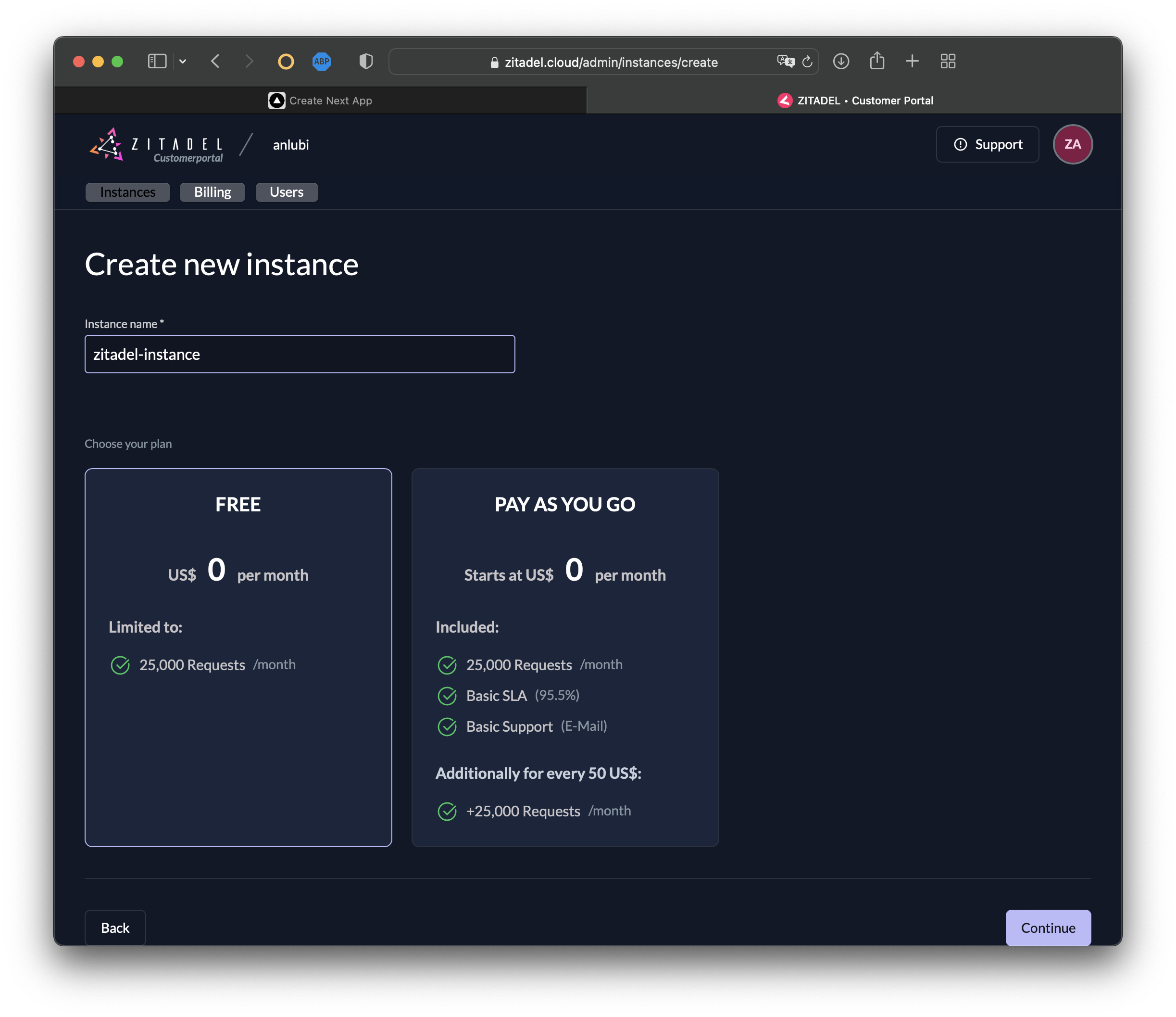 Creating new instance called zitadel-instance