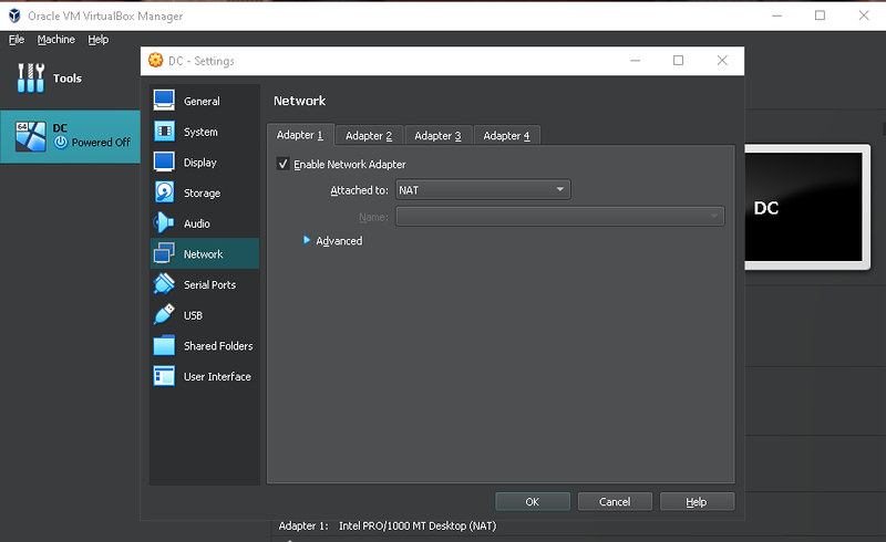 Settings - Network - Adapter 1 - NAT