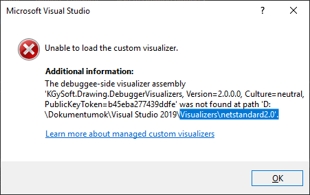 The debuggee-side visualizer assembly 'KGySoft.Drawing.DebuggerVisualizers, Version=[...]' was not found.