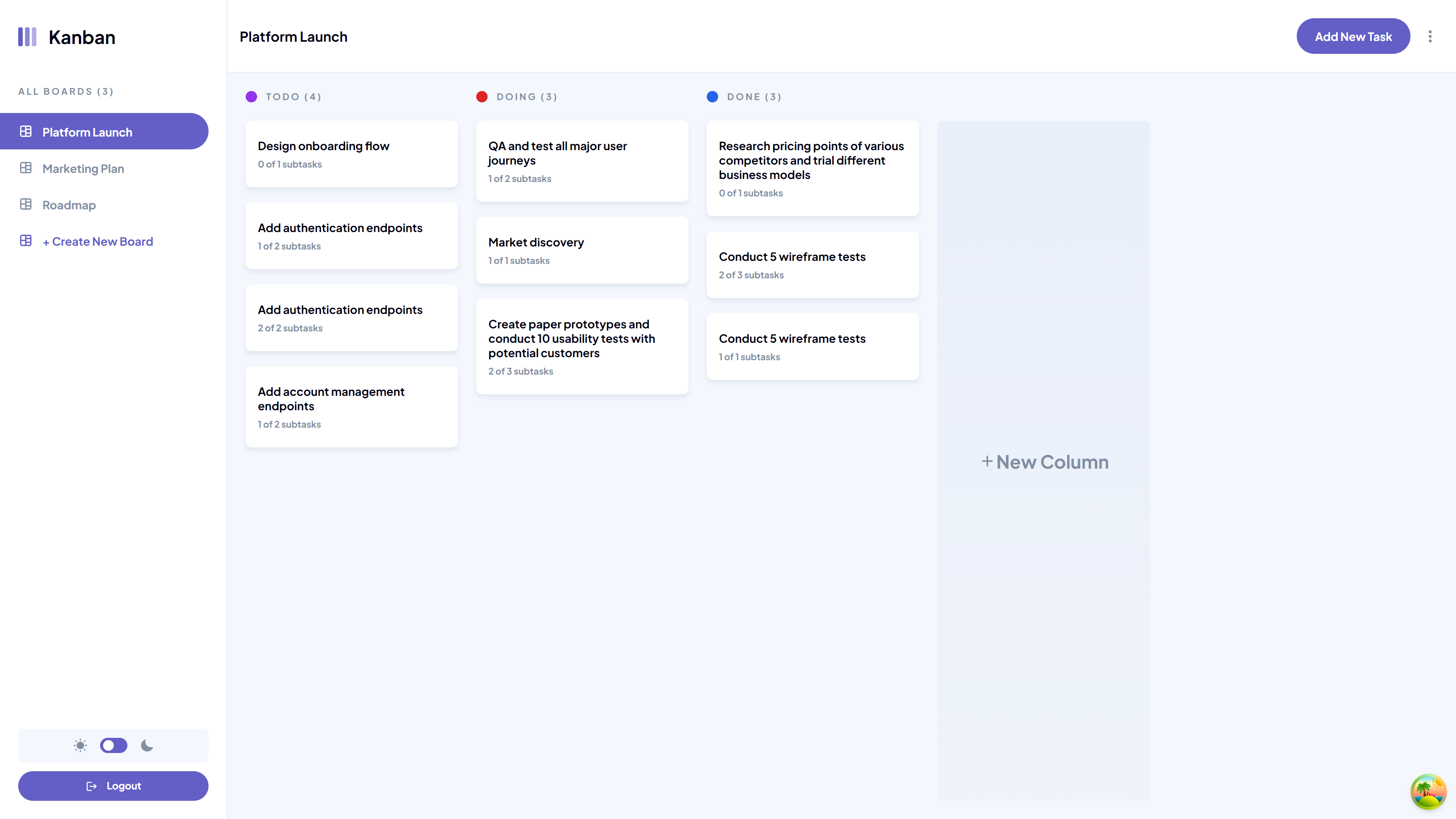 kanban task management boards page