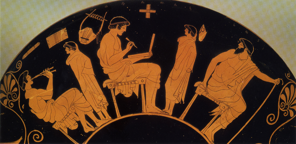 Greek vase painting: seated young man writes on a wax tablet with a stylus