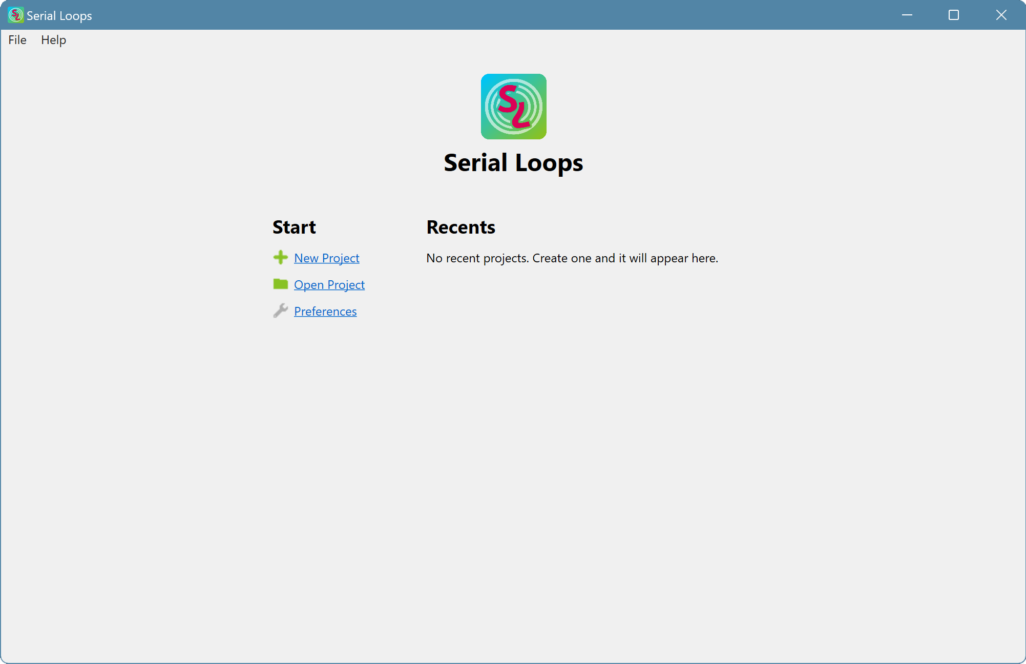 Screenshot of the Serial Loops home screen. The Serial Loops logo and title sits at the top of the menu. Below that, under 'Start' on the left hand side, options to create a project, open an existing project, and modify preferences are present. An empty list of 'Recents' is visible on the right hand side, where recent projects would appear.