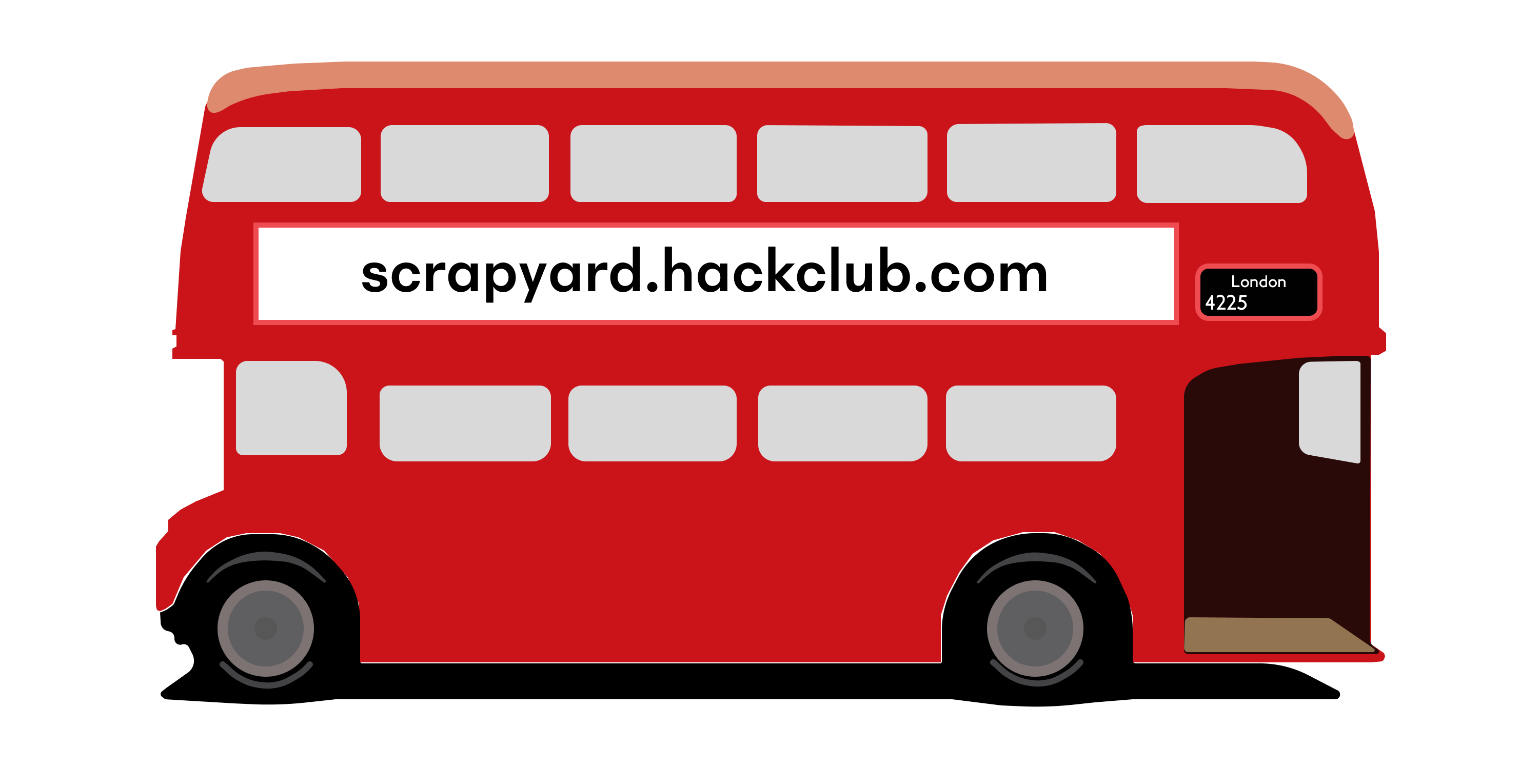 A red double decker bus with the text scrapyard.hackclub.com