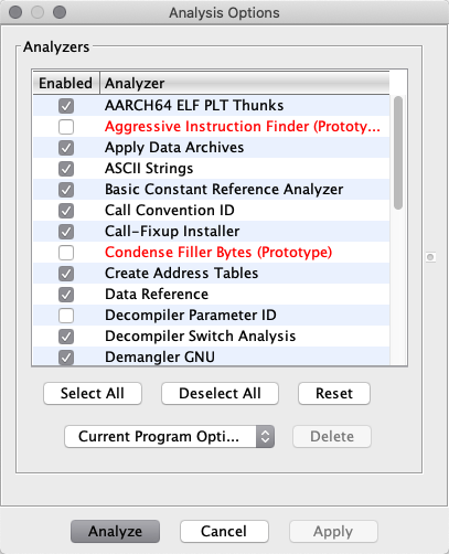 Ghidra Analysis Options