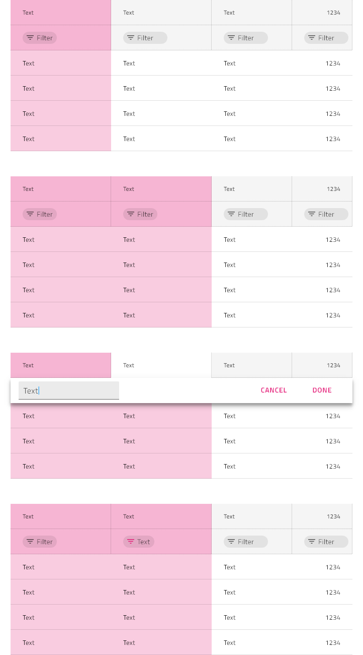 States of the column selection when the row filter UI is activated