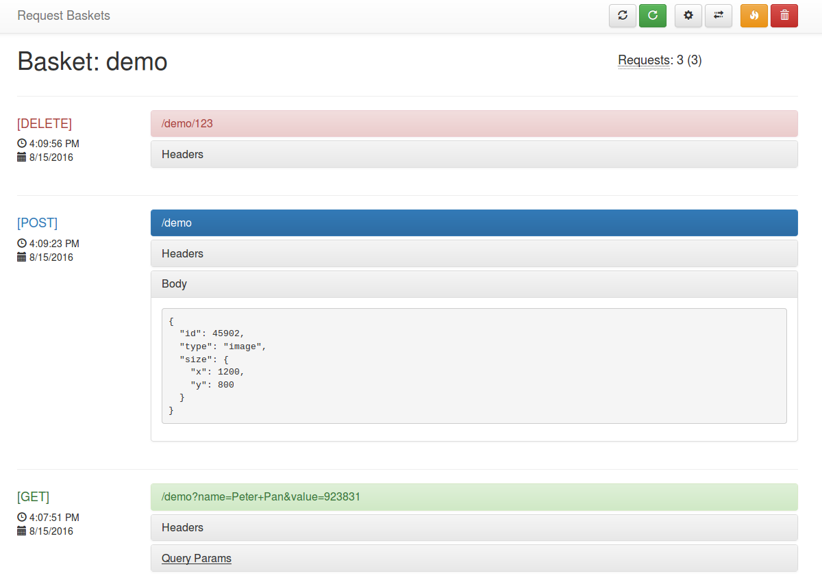 Screenshot of the Request Baskets application showing multiple requests: DELETE, GET and POST. The POST requests shows also the request Body. In this case some JSON.