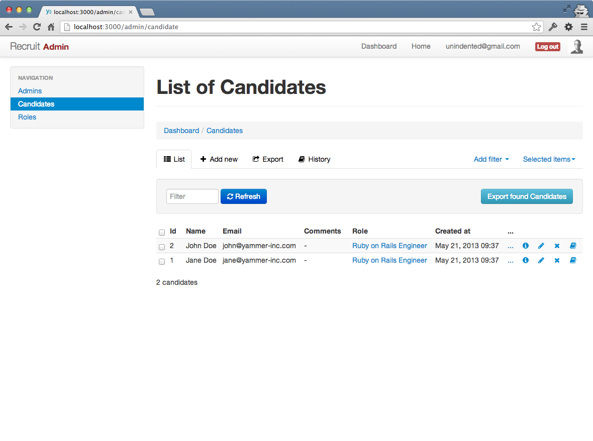 Admin page with a list of candidates