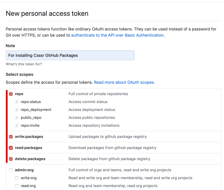 Screenshot showing the scopes settings for the personal access token